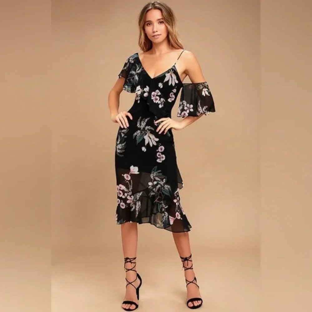 Keepsake The Label Black Floral Sheer Overlay Midi Dress S Small